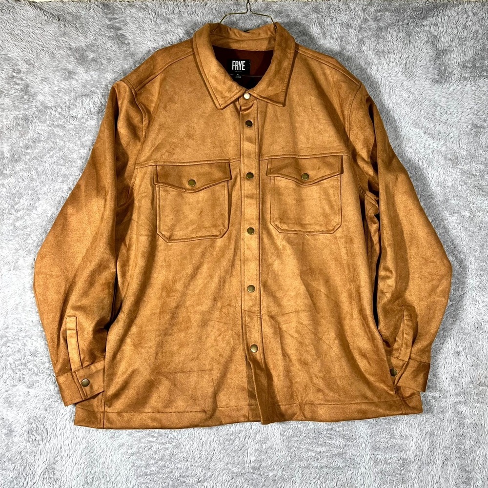 Frye Faux Suede Shirt Jacket Mens XL Brown Stretch Classic Fit Button Front